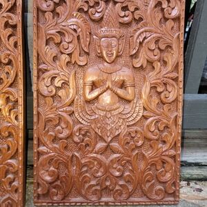 Vintage Set Of Thai Style Wood Relief Hand Carved Panels Art